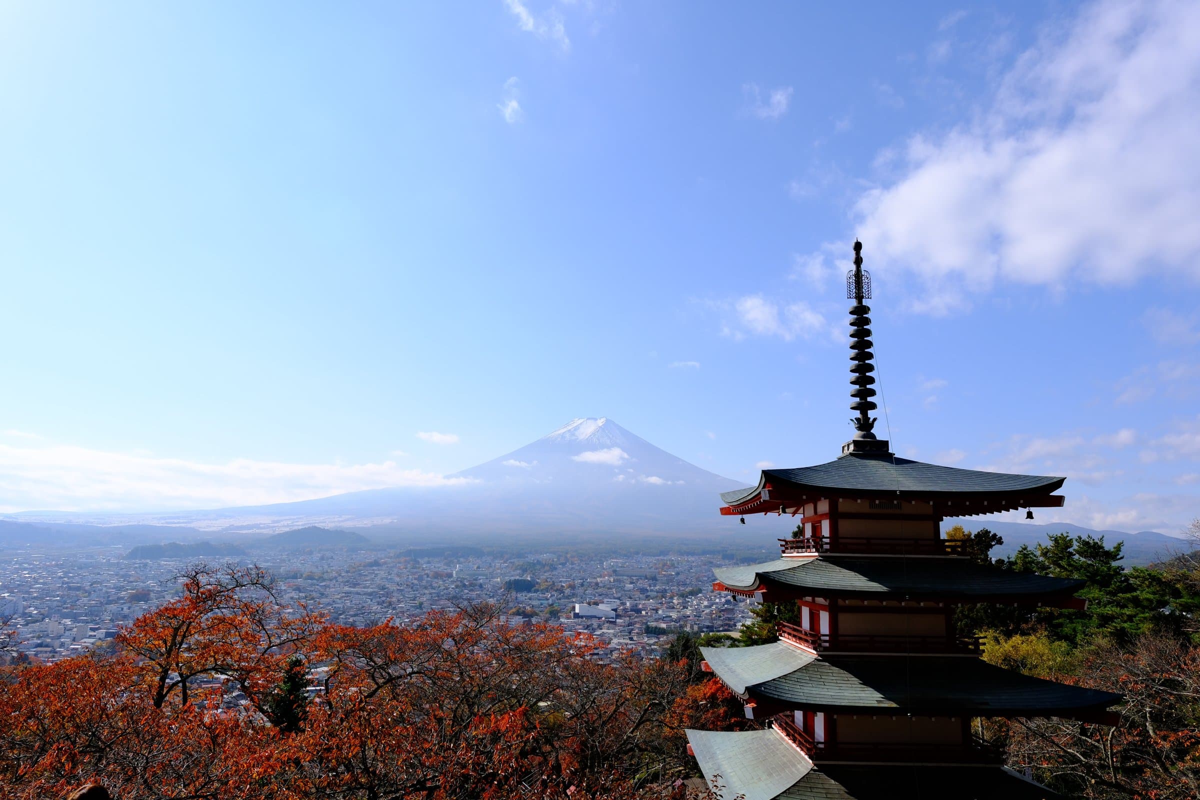 The Chureito Pagoda with Mount Fuji behind it