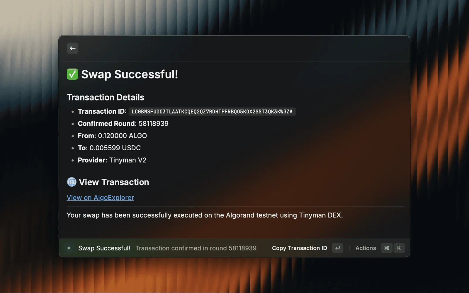 Asset swap form in the Algorand Raycast extension